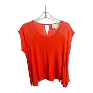 Vince Camuto Bright Red Orange Short Sleeve Top with Neck Mesh Inset- Size L